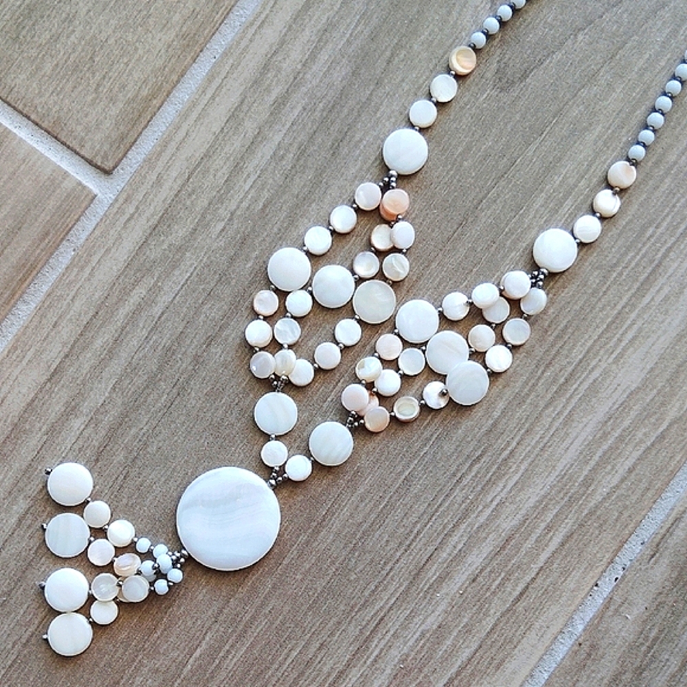 Milk Glass And Mother Of Pearl Bead Necklace with Cascading Layers